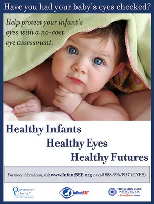 Have you had your baby's eyes checked? Poster with a baby wrapped in a blanket and the words 'Healthy Infants Healthy Eyes Healthy Futures'.