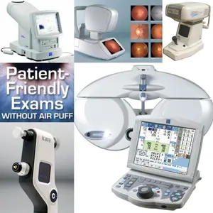 Various patient-friendly eye exam equipment displayed in a collage, including a monitor, a camera, and a device with a digital screen.