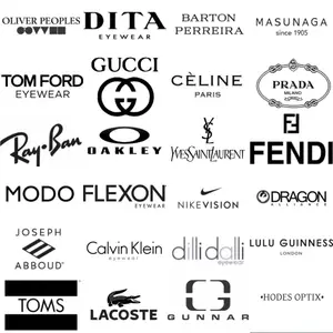 A collection of luxury eyewear brands displayed on a white background, including Oliver Peoples, Dita, Barton Perreira, Masunaga, Gucci, Tom Ford, Celine, Prada, Ray-Ban, Oakley, Yves Saint Laurent, Fendi, Modo Flexon, Nike Vision, Dragon Alliance, Joseph, Calvin Klein, Dillidali, Lulu Guinness, Abboud, Toms, Lacoste, and Gunnar.