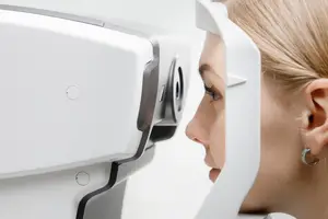 woman looking through advanced eye exam equipment