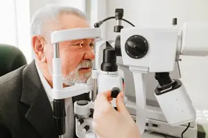 An elderly man having his eyes examined by an optometrist using a slit lamp.