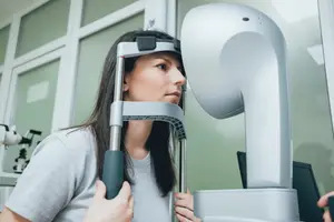 A woman is using a medical device to check her eyes in a clinic.