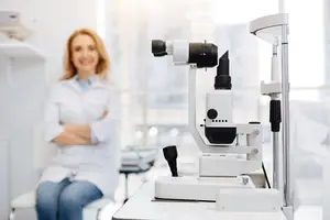 A smiling woman in a lab coat sits in front of an optometrist's equipment in a medical office.