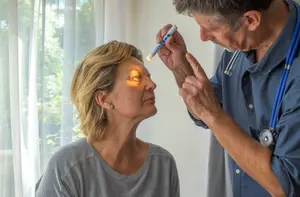 A doctor is checking the eye of an elderly woman using a penlight.