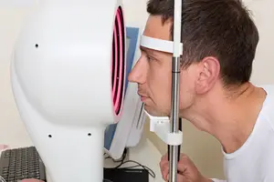 A man wearing a white headband is undergoing an eye examination with an optical device in a medical setting.