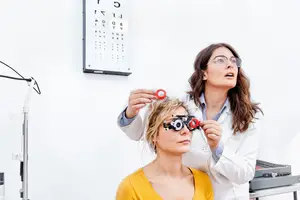 A woman in a lab coat adjusts a patient's eye exam equipment in a medical setting.