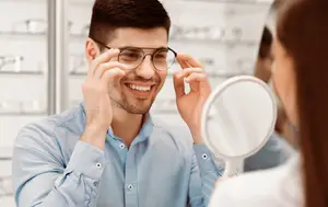 A man trying on glasses in a mirror while smiling