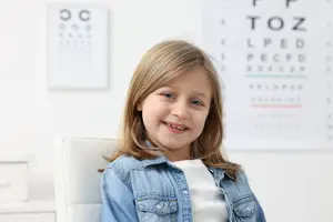 young girl sitting in optometrists eye exam chair
