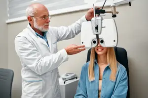 An elderly doctor adjusts a machine for a woman patient during an eye exam in a clinic