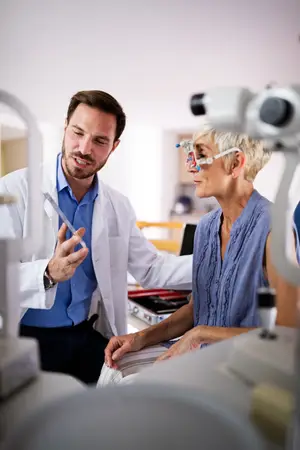 A male doctor is explaining something to a female patient who is sitting on a chair and wearing an eyepiece in a medical room.