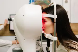 A woman wearing red eyeshadow is getting her eyes checked by a doctor using an eye exam machine in a clinic.