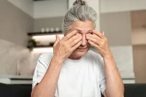 An older woman is sitting on a couch, wearing a white t-shirt, and holding her face with her hands, possibly crying in the kitchen.