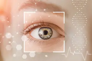 Image of a human eye with a hexagonal pattern and a square frame overlaying it