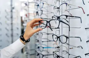 A person holding a pair of glasses while looking at a display of other glasses on a wall.