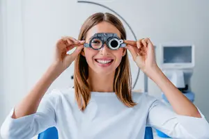 A woman with brown hair wearing a white long sleeve shirt is smiling while wearing an eyeglass for a checkup