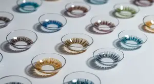 Many glass bowls with different colored eyelashes on a white surface