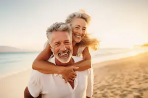 A man with a white beard is carrying a woman on his shoulder at the beach.