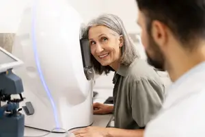 A woman having an eye exam at an optometrist's office