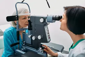 An older woman is having her eyes examined by a female doctor in a medical setting.