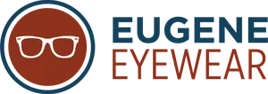 Eugene Eyewear logo featuring white glasses on a reddish background with blue and red text