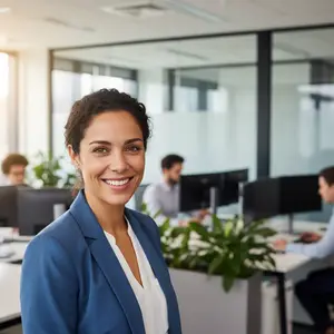 An adult woman in a blue suit stands in an office and smiles
