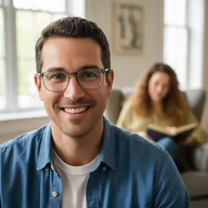 Close up of a man wearing glasses and a blue shirt smiling with a woman reading a book in the background