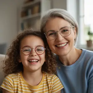 A grandmother and granddaughter both wearing glasses and smiling