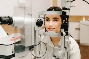 A smiling woman wearing a white lab coat is having her eyes examined with a medical instrument in a medical room.