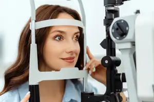 A woman wearing a blue shirt is getting her eyes checked by a doctor with a white headband and an eye exam machine.