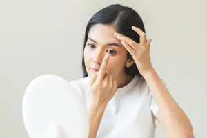 Woman placing a contact lens on her eye while looking in a mirror