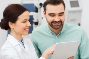 A woman in a white coat showing a tablet to a smiling man in a clinic
