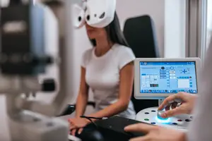A woman is wearing a white eye mask and is seated in front of an eye exam machine while a person is operating the machine.