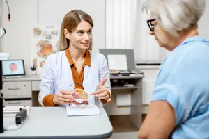 Doctor showing a model of the eye to a patient in an optometrist's office.