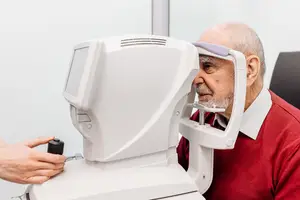 A man with gray hair wearing a red shirt is getting his eyes checked by an optometrist using a machine in a medical office.