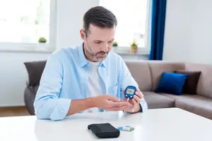 A man checks his blood sugar level in his living room using a digital glucometer.