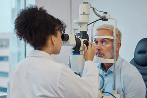 A woman optometrist using an ophthalmoscope to examine the eye of a male patient in a clinic.