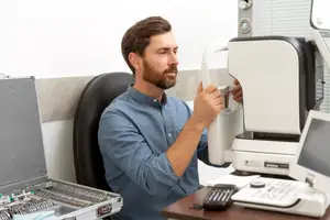 A man in a blue shirt is sitting at a desk in an office and is adjusting a machine with his hands.
