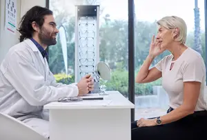A man in a white coat and a woman in a white shirt are sitting in front of a desk with a mirror and some glasses. The man is holding a mirror and seems to be explaining something to the woman, who is listening attentively. Behind them is a glass wall with a metal stand that has several glasses hanging on it. Outside the glass wall are trees and a building.