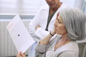 An elderly woman examines her eye chart while a doctor observes her in a medical clinic.