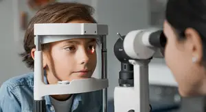 A young boy undergoing an eye exam by a woman in a clinic.