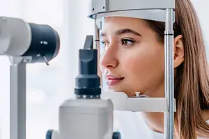 A woman is getting her eyes examined by an optometrist using an ophthalmoscope.