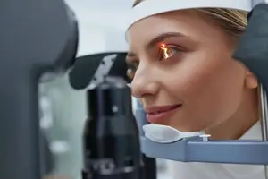 Woman having eye exam for contact lenses