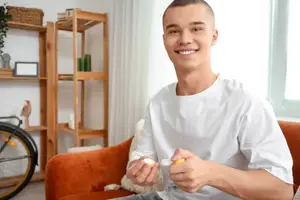 Young man with his new contact lenses