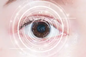 Close-up of a person's eye with a digital overlay featuring dollar signs and a world map