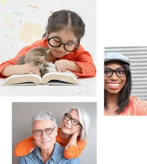 A collage of people wearing glasses of different ages and genders, highlighting the inclusivity of eyewear choices