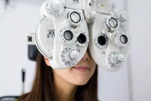A woman is sitting in a chair wearing an eye examination machine with white dials and black lenses.