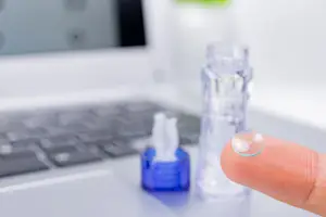 Close up of a finger holding a contact lens and a bottle of contact solution next to a laptop