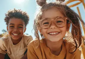 Two young children sitting in a playground with smiles on their faces
