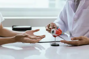 A doctor showing a model of a human eye to a patient