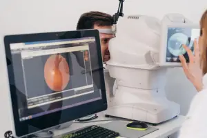 An eye doctor uses a diagnostic machine to examine a patient's eye.